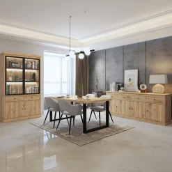 Eetkamer CASTELLO: Dressoir + Vitrinekast + Eettafel 210x98 + 4x Stoelen BARKER Natural