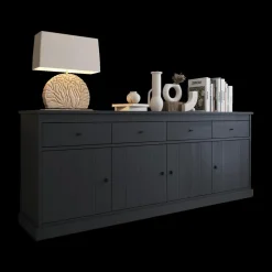 Eetkamer CASTELLO: Dressoir + Vitrinekast + Tafel 180x98 + 4X stoelen ERVI Cream