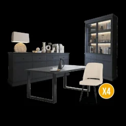 Eetkamer CASTELLO: Dressoir + Vitrinekast + Eettafel 210 + 4x Stoelen ALBA Plume