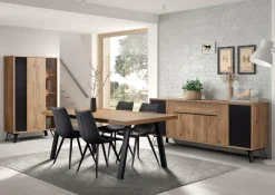 Eetkamer CREW: Dressoir + Glaskast + Tafel 200x100 + 4 stoelen LORRY Zwart