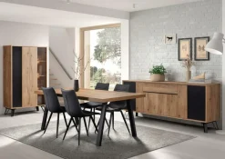 Eetkamer CREW: Dressoir + Glaskast + Tafel 200x100 + 4 stoelen LORRY Zwart