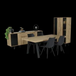 Eetkamer CREW: Dressoir + Glaskast + Tafel 200x100 + 4 stoelen LORRY Zwart