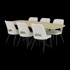 Eetkamer JAKARTA: Dressoir + Barkast + Tafel 225x100 + 4x stoelen ALICIA Touch Pearl