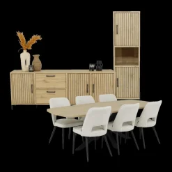 Eetkamer JAKARTA: Dressoir + Barkast smal + Tafel 225x100 + 4x stoelen ALICIA Touch Pearl