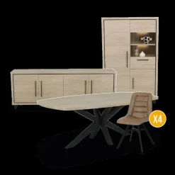 Eetkamer LATINA: Dressoir + Glaskast + Eettafel 220x120 + 4x Stoelen CLAUDIA Chicago Truffle