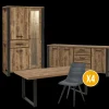 Eetkamer MADAGASCAR: Dressoir + Glaskast + Tafel 200x100 + 4 stoelen LORRY Zwart