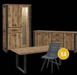 Eetkamer MADAGASCAR: Dressoir + Glaskast + Tafel 200x100 + 4 stoelen LORRY Zwart