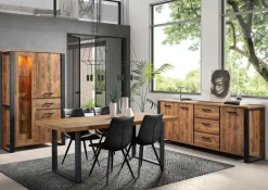 Eetkamer MADAGASCAR: Dressoir + Glaskast + Tafel 200x100 + 4 stoelen LORRY Zwart