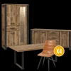 Eetkamer MADAGASCAR: Dressoir + Glaskast + Tafel 200x100 + 4 stoelen LORRY Cognac
