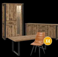 Eetkamer MADAGASCAR: Dressoir + Glaskast + Tafel 200x100 + 4 stoelen LORRY Cognac
