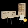 Eetkamer TEODOR: Dressoir + Vitrinekast + Eettafel ABBEY 200x100 + 4x stoelen ALECIO Pearl