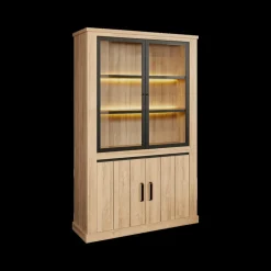 Eetkamer TEODOR: Dressoir + Vitrinekast + Eettafel ABBEY 200x100 + 4x stoelen ALECIO Pearl