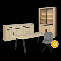 Eetkamer TEODOR: Dressoir + Vitrinekast + Eettafel ABBEY 200x100 + 4x stoelen INDIGO Mouse Grey
