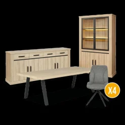 Eetkamer TEODOR: Dressoir + Vitrinekast + Eettafel ABBEY 230x100 + 4x stoelen INDIGO Mouse Grey