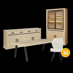 Eetkamer TEODOR: Dressoir + Vitrinekast + Eettafel ABBEY 230x100 + 4x stoelen ALECIO Pearl