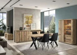 Eetkamer TREVOR: Dressoir + Glaskast + Tafel + 4 Stoelen LISSONI zwart