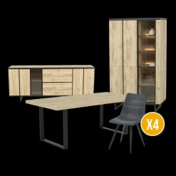 Eetkamer VIKTOR: Dressoir + Glaskast + Eettafel ABBEY 200x100 + 4x Stoelen LORRY Zwart