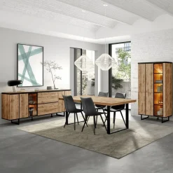 Eetkamer VIKTOR: Dressoir + Glaskast + Eettafel ABBEY 200x100 + 4x Stoelen LORRY Zwart