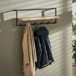 Kapstok 6 haken met plank, massief accacia naturel