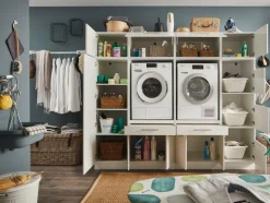 Wasruimteset LAUNDRY: Bergkast + Opzetkast smal X2 + Wasmachinekast laag X2 + Opzetkast breed X2 + Linnenkast